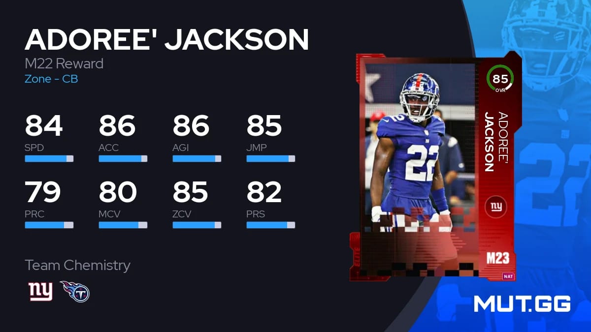 Adoree' Jackson M22 Reward 85 OVR Madden NFL 23 MUT.GG
